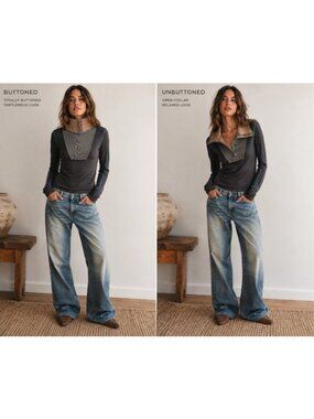 Free People Thermal Henley Lightweight Granola Slouchy Grunge Fairy Indie Top SP